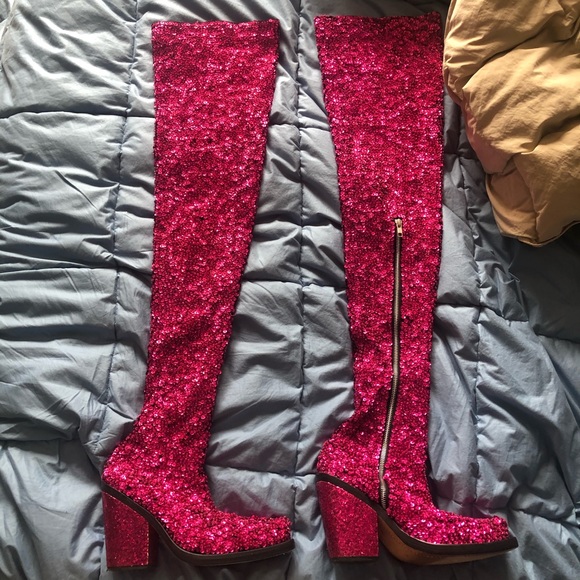 Stylish Over the Knee Boots - Silver, Pink Floral, and Pink Glitter - Picture 2 of 6